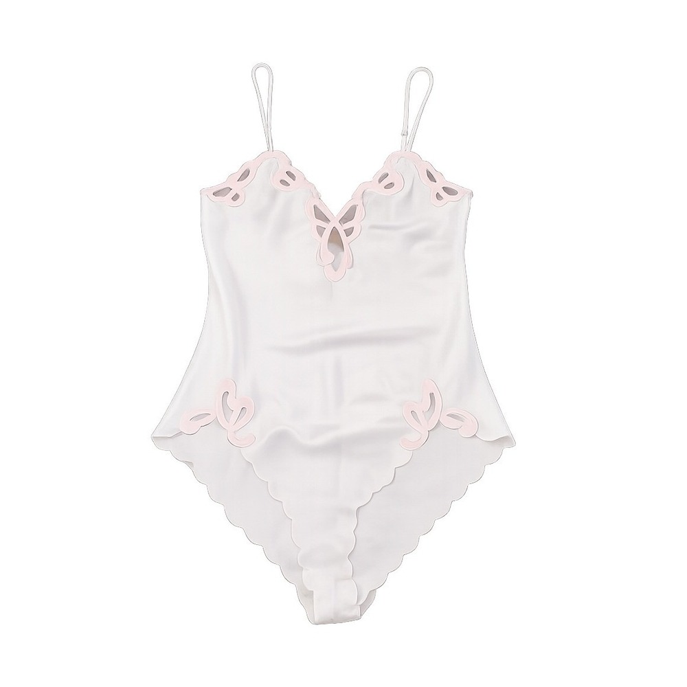 Vintage Natori White Silkie‎ Teddy Chemise Lingerie Pink Applique Womens S EUC